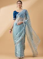 Organza Sky Blue Festival Wear Embroidery Work Saree